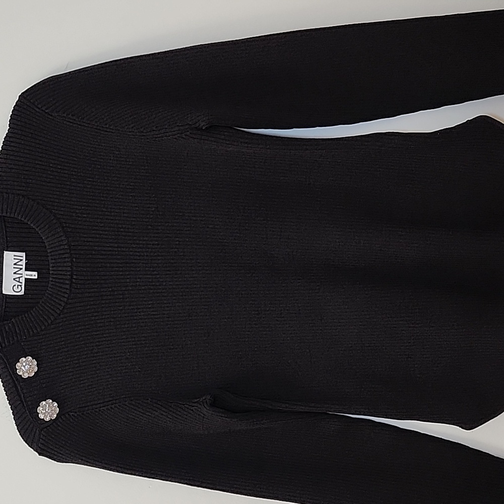 Ganni ribbed knit sweater featuring decorative crystal buttons Sz Large - Picture 8 of 16